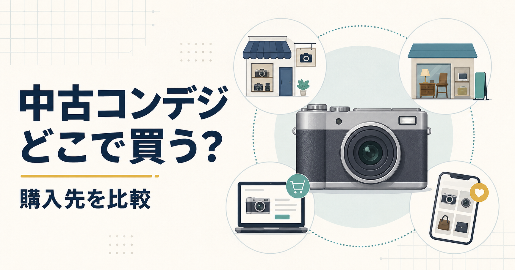 中古コンデジの購入先をカメラ専門店・中古店・ネット通販・フリマで比較するイメージ