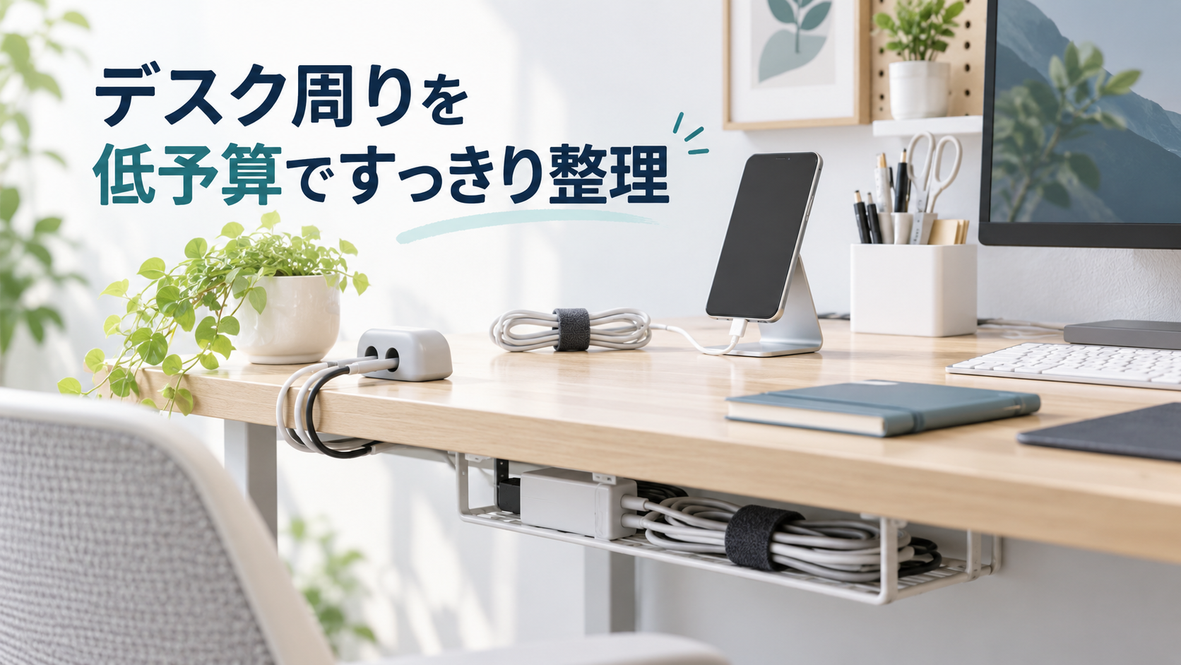 低予算でデスク周りと配線を整理した明るい作業机