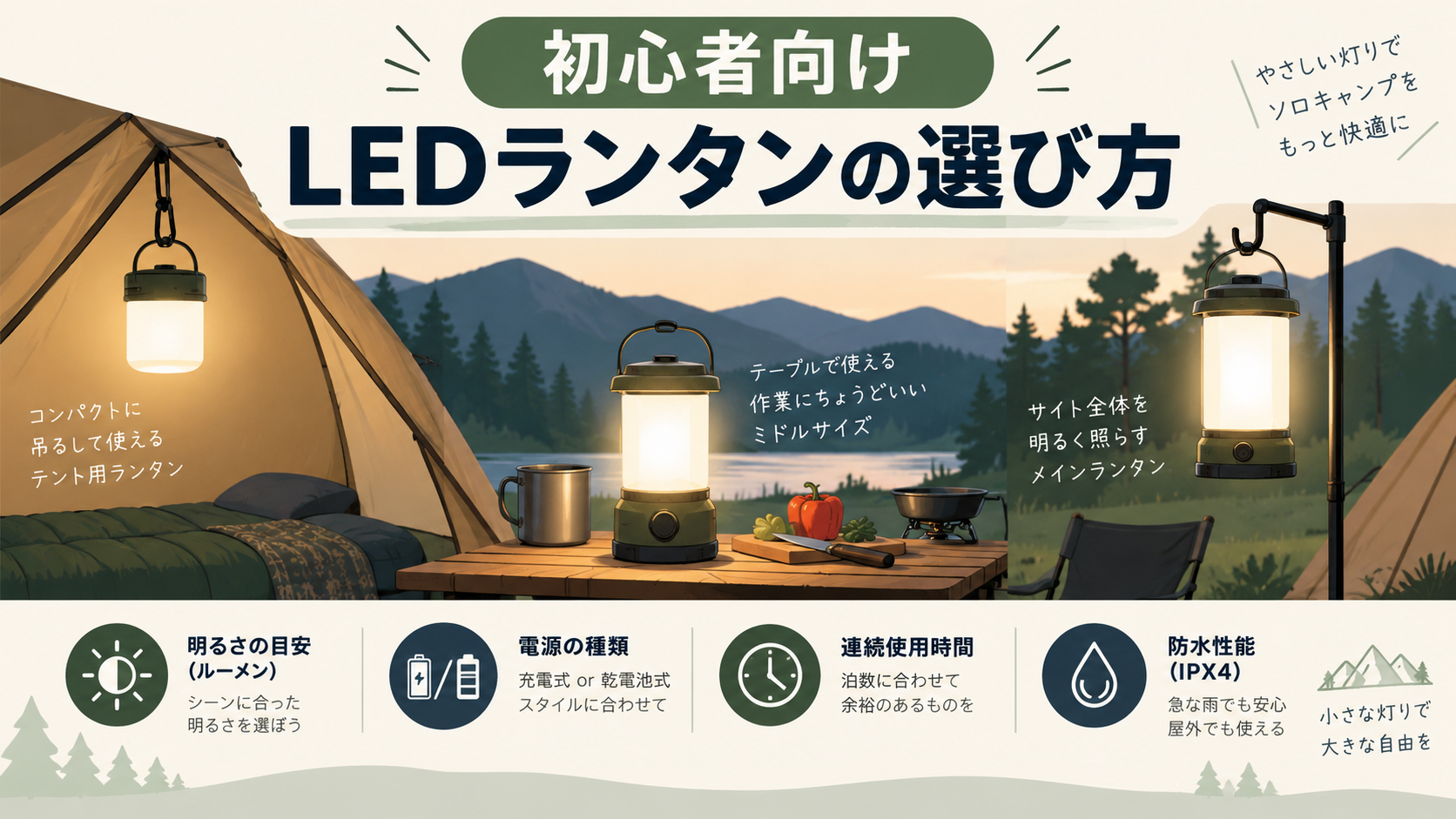3種類のLEDランタンを比較するソロキャンプ初心者向けイメージ