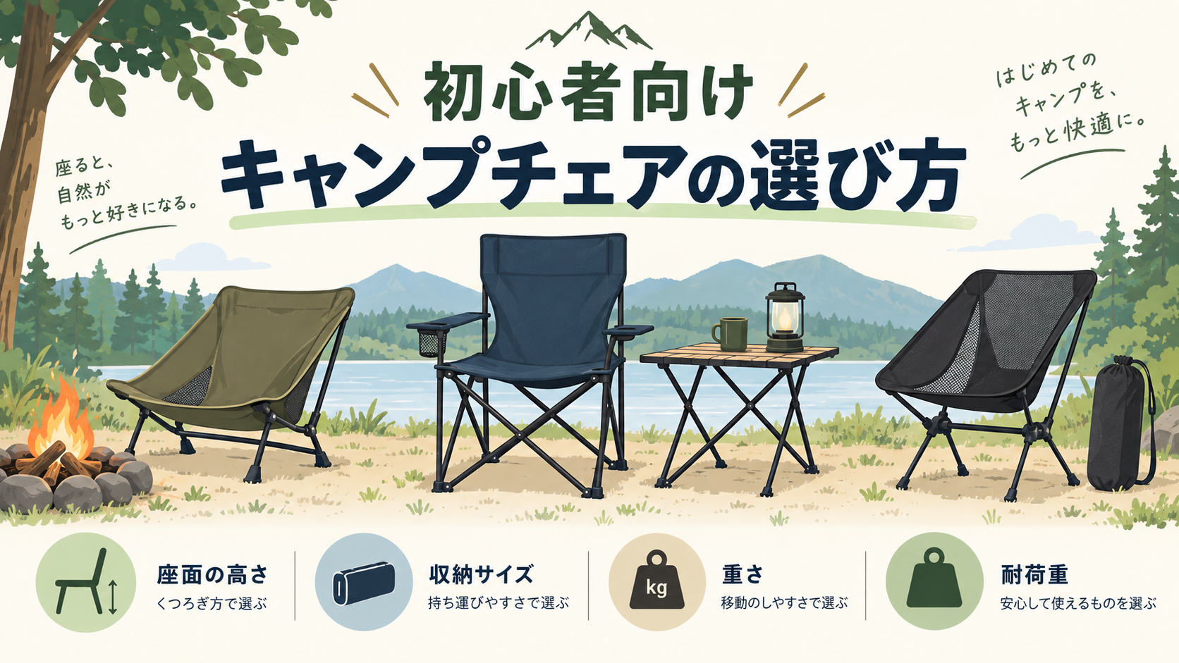 3種類のキャンプチェアを比較するソロキャンプ初心者向けイメージ