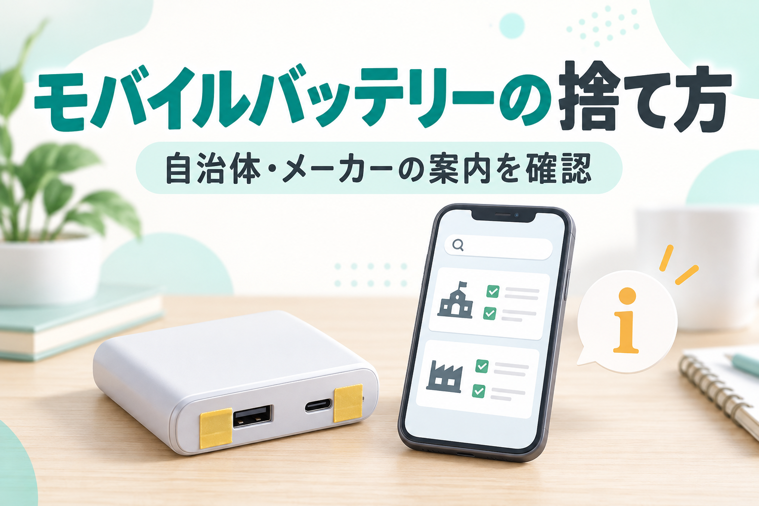 モバイルバッテリーの捨て方は自治体・メーカーの案内を確認することを示すイメージ