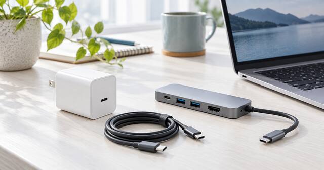 デスクに置いたUSB充電器・USB-Cケーブル・ハブのイメージ